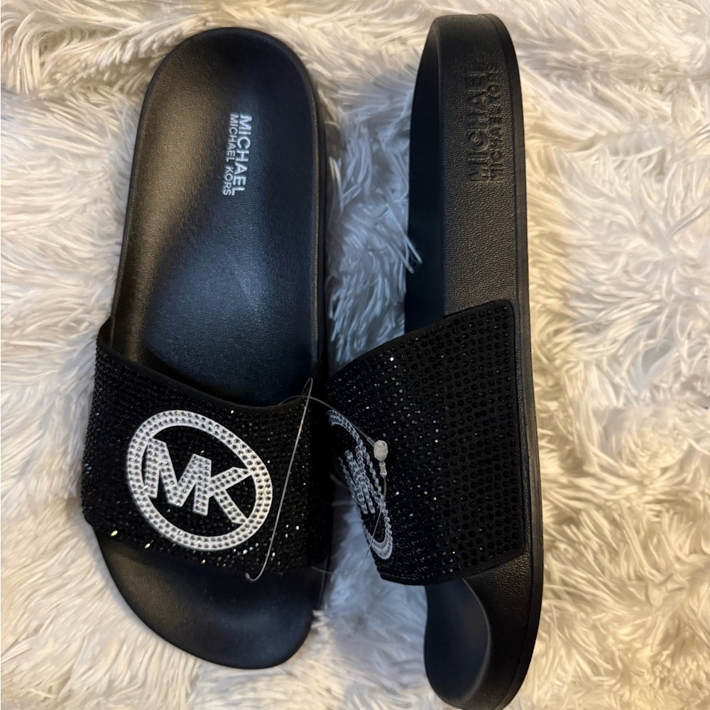 Michael Kors Black Crystal MK Logo Slide Sandals - Picture 3 of 3